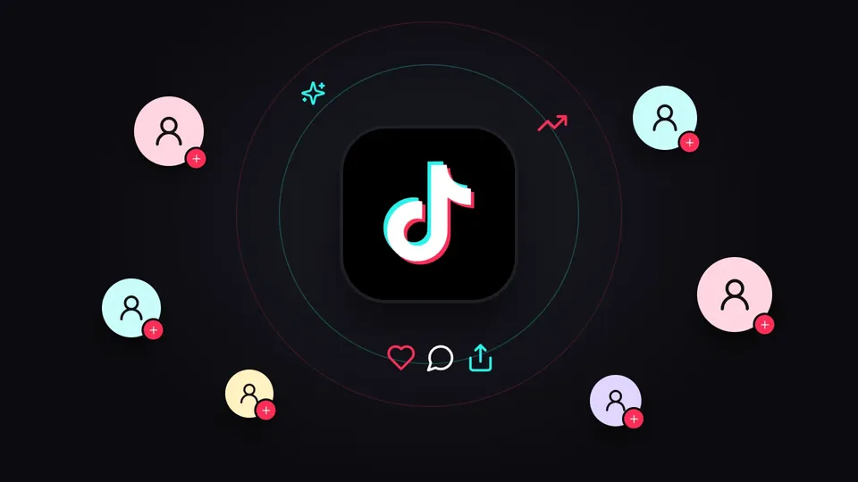 Logo TikTok sur un fond noir entouré d'avatars de profils avec des boutons rouges d'abonnement, ainsi que des icônes J'aime, commentaire et partage