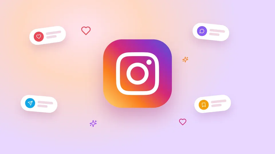 Grand logo Instagram brillant sur un fond rose et lilas entouré de bulles J'aime, commentaire, envoi et enregistrement
