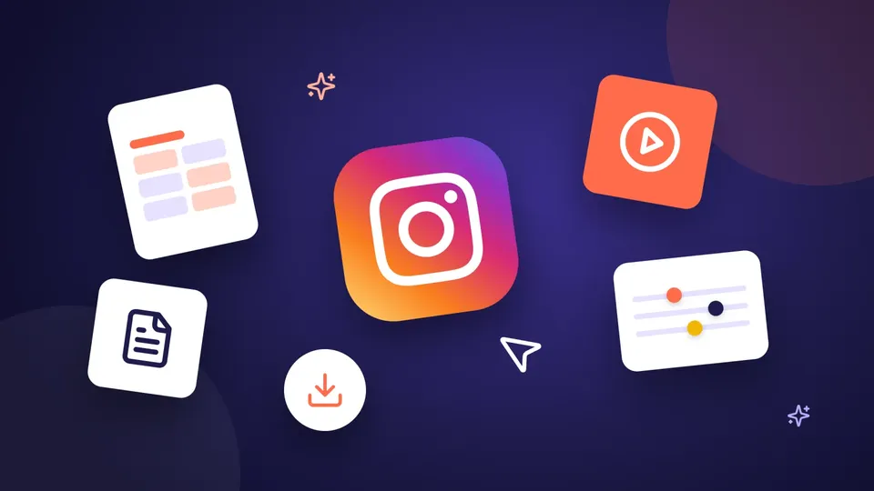 Logo Instagram sur un fond indigo profond entouré de cartes de produits numériques, un modèle, un document, une leçon vidéo, des curseurs de presets, un bouton de téléchargement et un pointeur