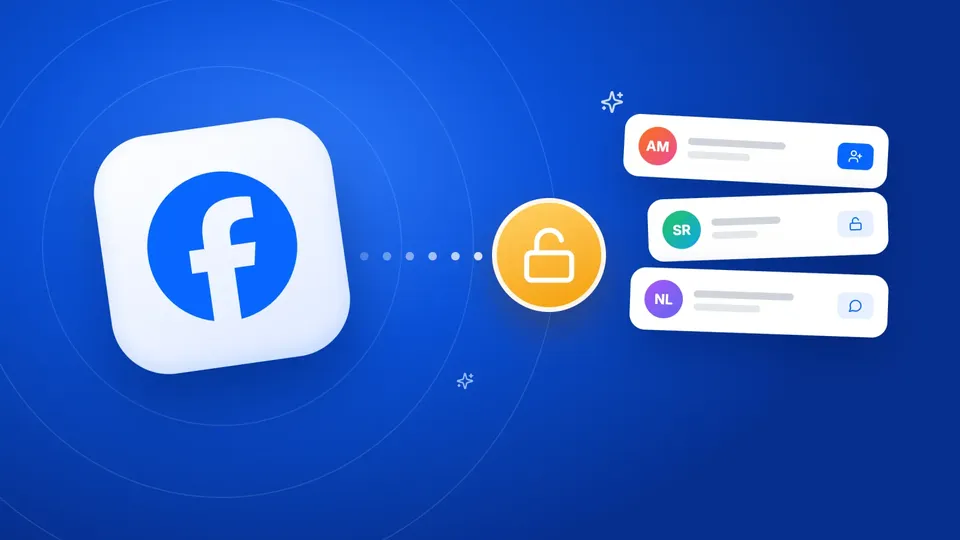 Grande tuile du logo Facebook reliée par une ligne pointillée à un cadenas doré ouvert, à côté de trois cartes de profil avec boutons ajouter, déverrouiller et message sur fond bleu