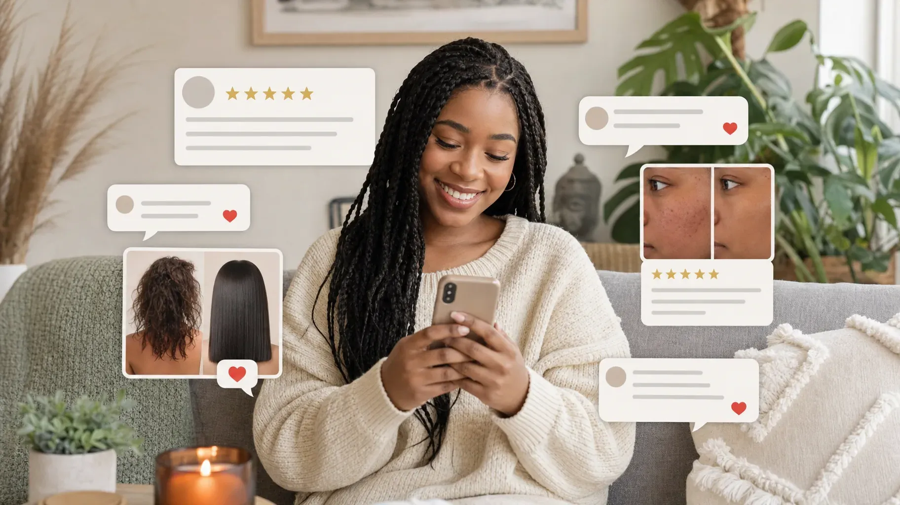 Influencer on a sofa reading happy customer messages, five-star reviews and before-and-after photos on her phone
