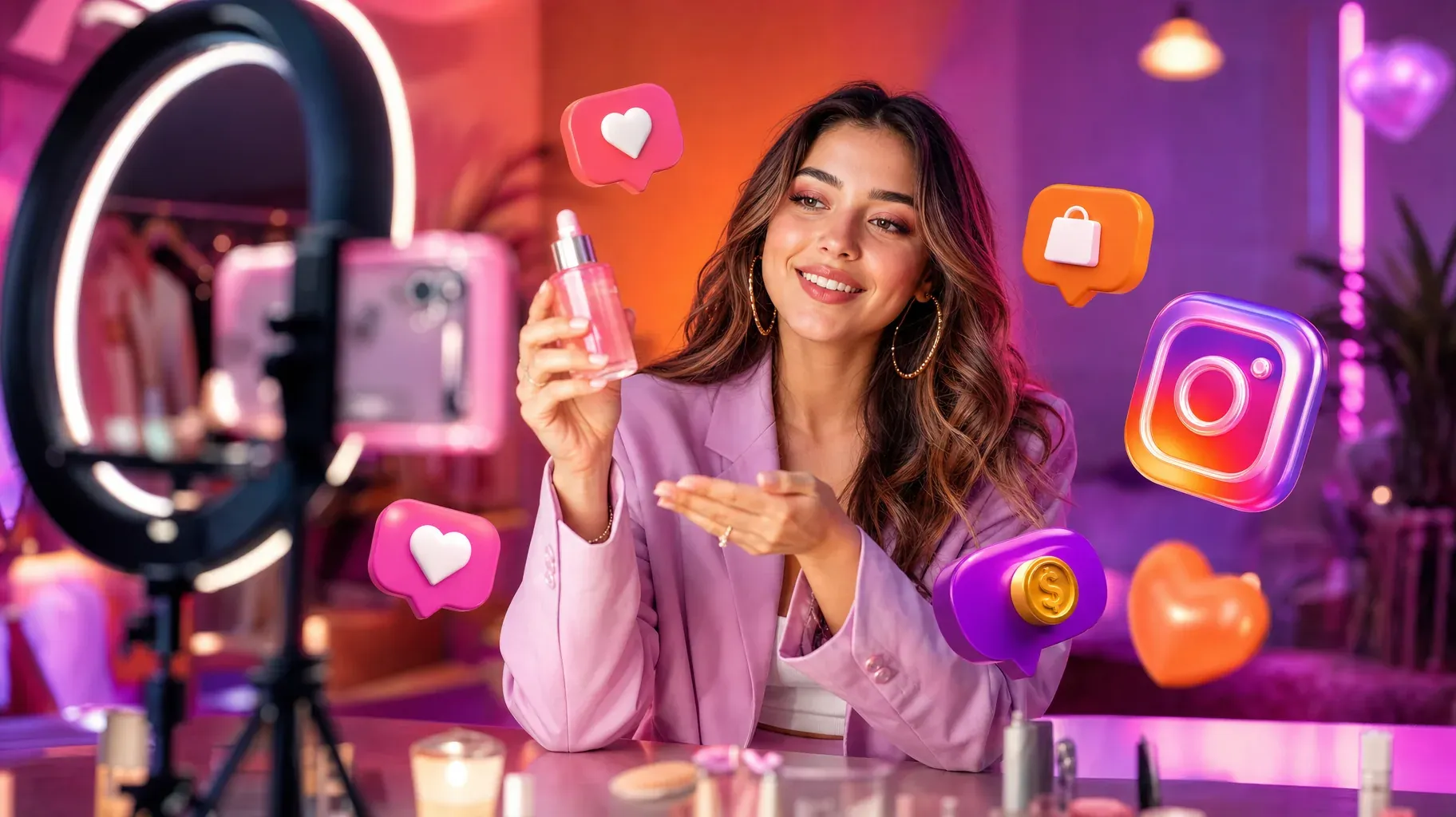 Influencer in a pink blazer filming a Reel while holding up a skincare product, surrounded by hearts, a shopping bag, a sale coin and the Instagram logo