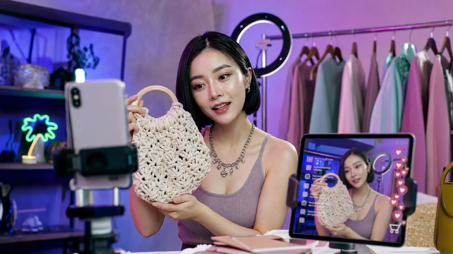 Influencer hosting a live shopping session, showing a handmade bag to her phone while a tablet displays hearts and comments