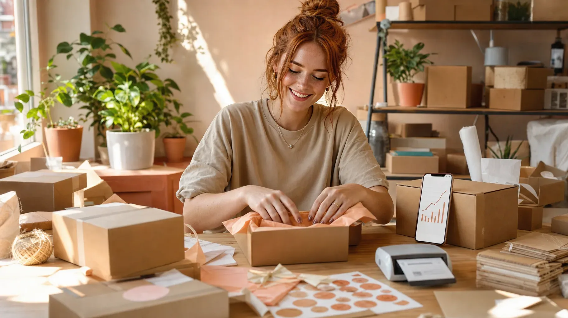 Smiling influencer packing customer orders in kraft boxes next to a phone showing a rising sales chart