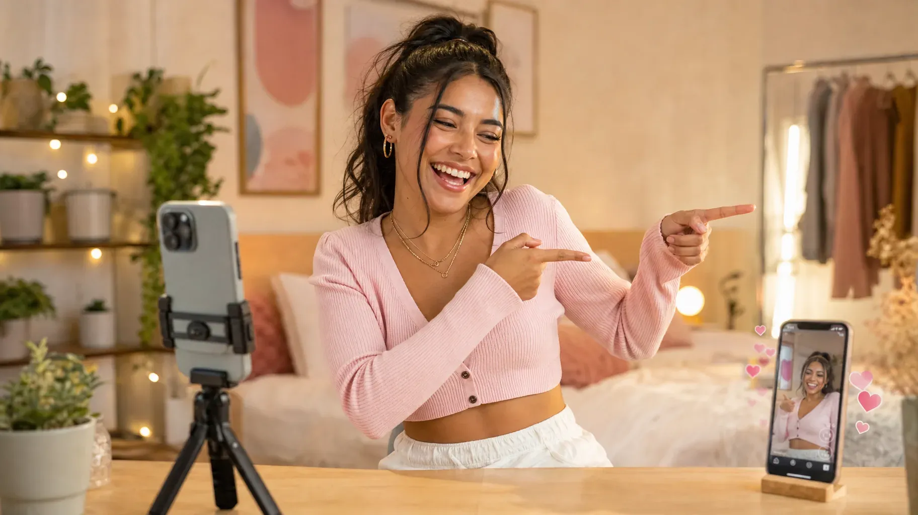 Smiling influencer pointing to the side while filming a Reel on a tripod in her bedroom studio, with the Reel playing on a second phone