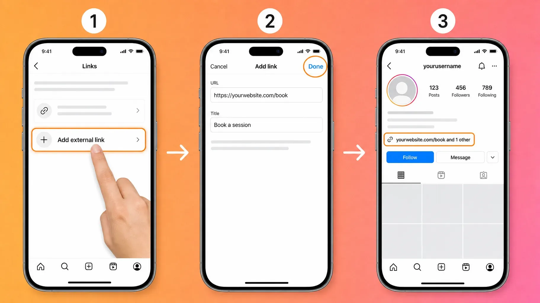 Three steps in the Instagram app to add a bio link, tap Add external link, enter the URL and title, then see the link on the profile