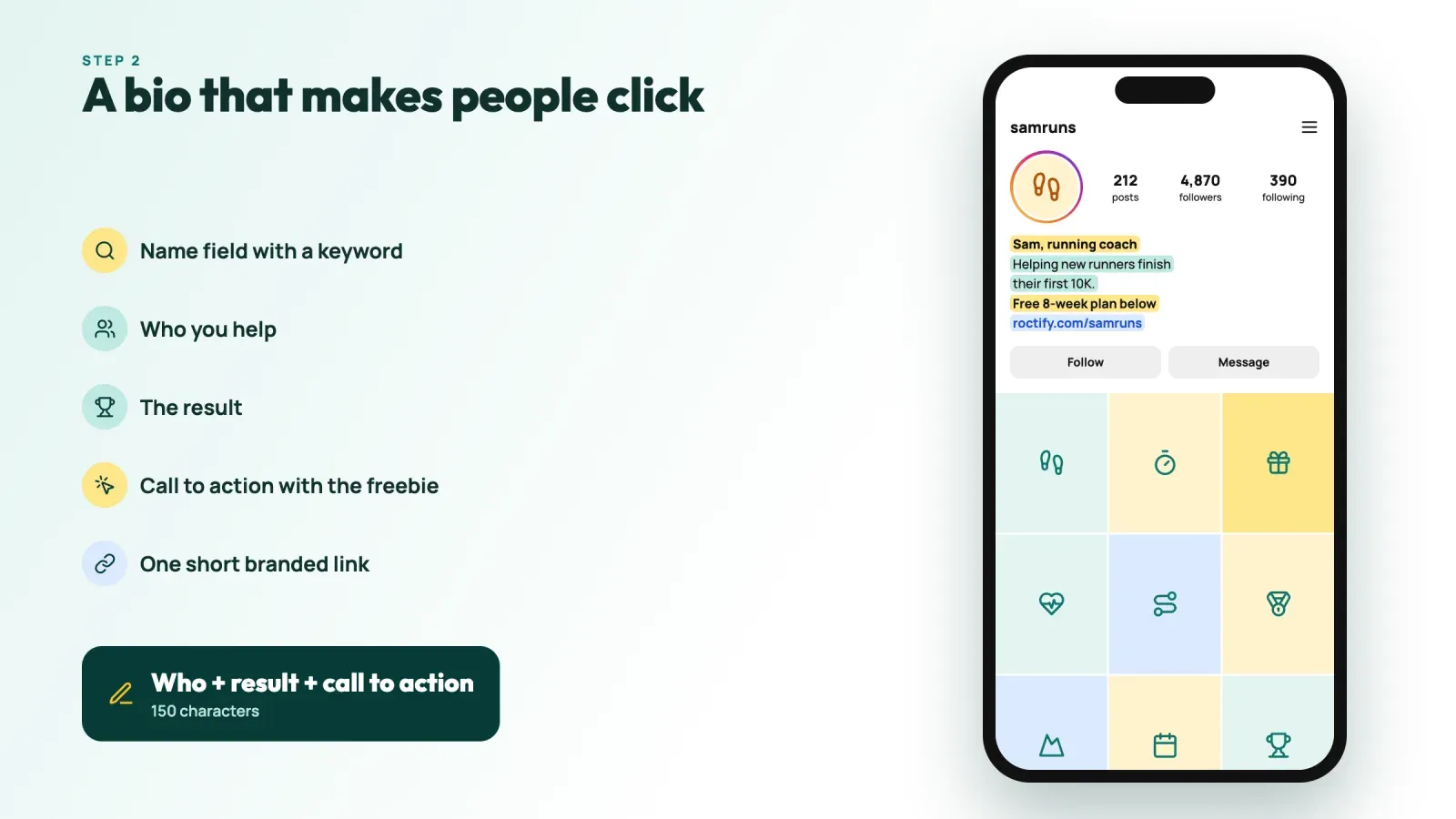 Instagram bio of a running coach highlighting the keyword in the name field, who he helps, the result, the free plan call to action and a short branded link