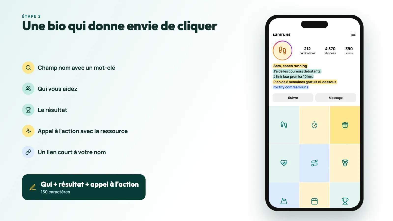 Bio Instagram d'un coach running qui met en évidence le mot-clé du champ nom, le public aidé, le résultat, l'appel à l'action vers le plan gratuit et un lien court