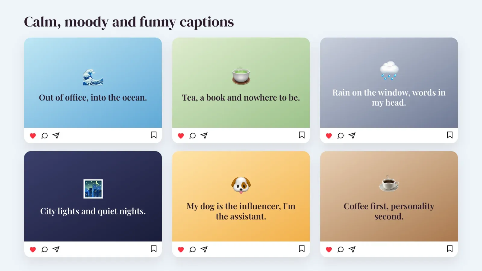 Six Instagram post cards with calm, moody and funny captions, from ocean and tea to rainy windows and a dog influencer