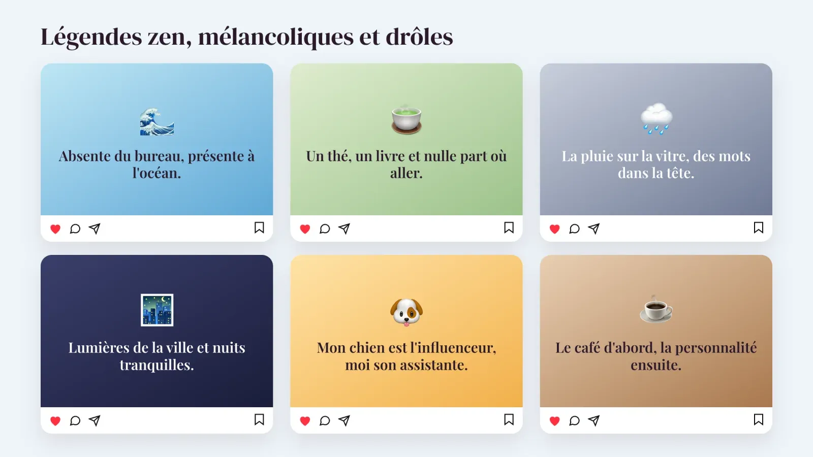 Six cartes de publication Instagram avec des légendes zen, mélancoliques et drôles, de l'océan et du thé à la pluie sur la vitre et au chien influenceur