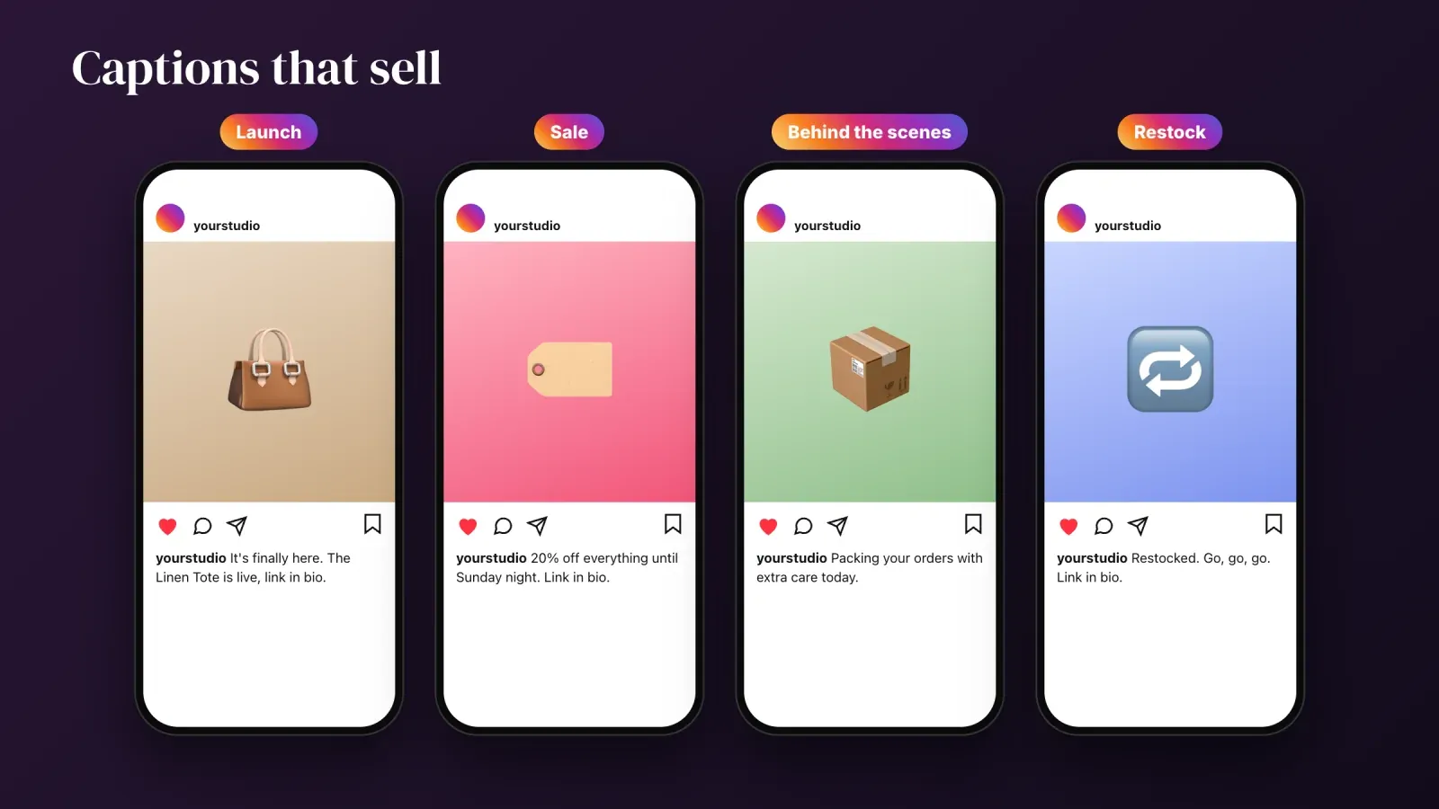 Four phone mockups of Instagram posts with selling captions for a launch, a sale, behind the scenes and a restock