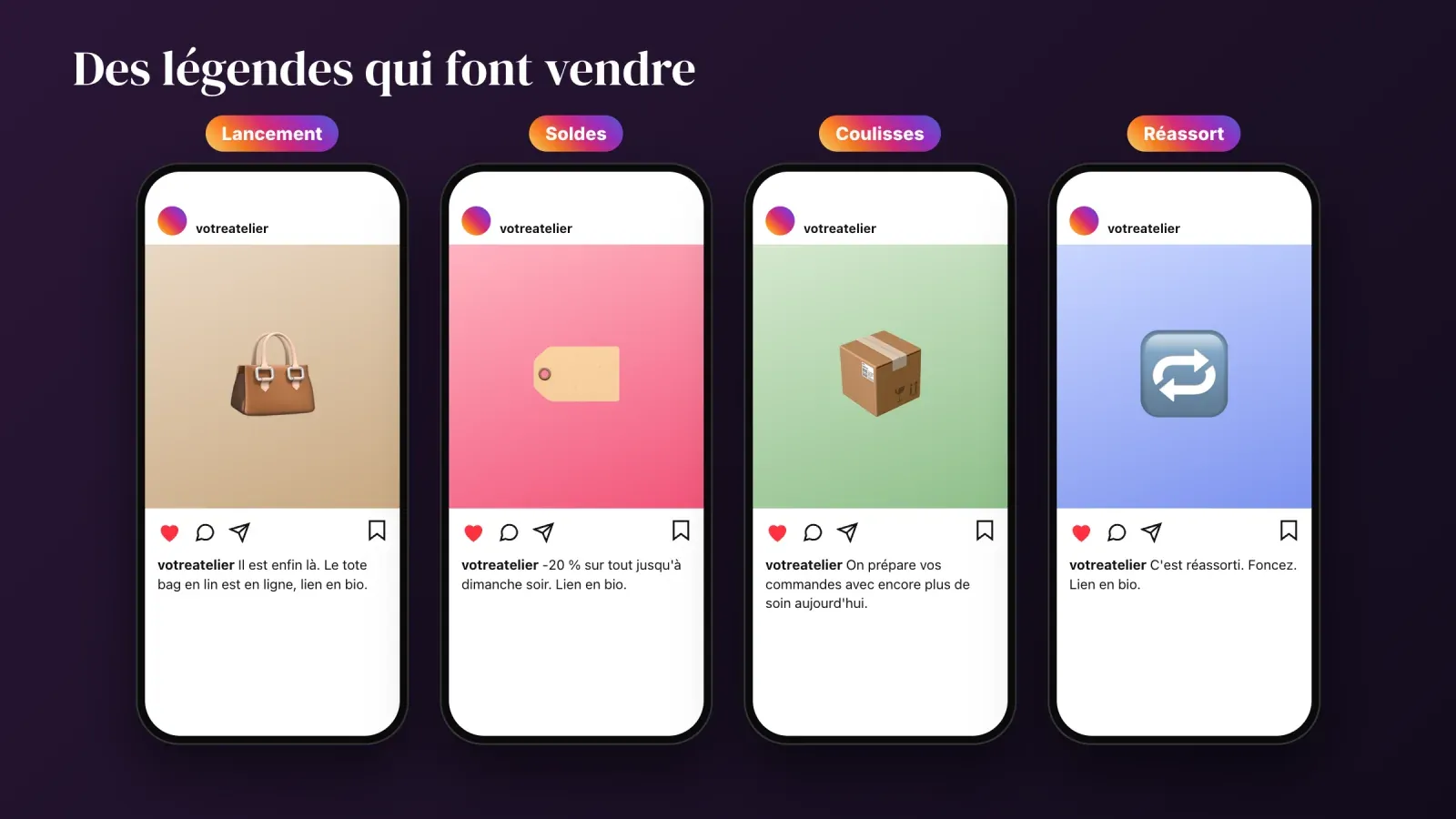 Quatre téléphones affichant des publications Instagram avec des légendes qui vendent pour un lancement, des soldes, les coulisses et un réassort