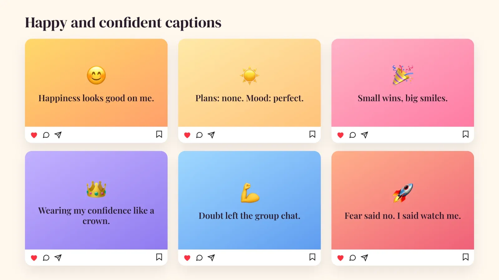 Six Instagram post cards with happy and confident captions on colorful gradients, each with an emoji