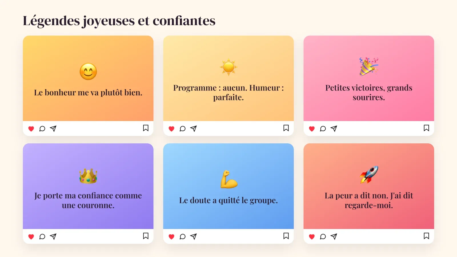 Six cartes de publication Instagram avec des légendes joyeuses et confiantes sur des dégradés colorés, chacune avec un emoji