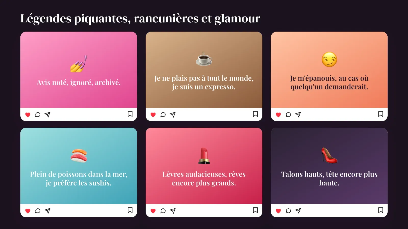 Six cartes de publication Instagram avec des légendes piquantes, rancunières pour rire et glamour sur des dégradés vifs et un fond sombre