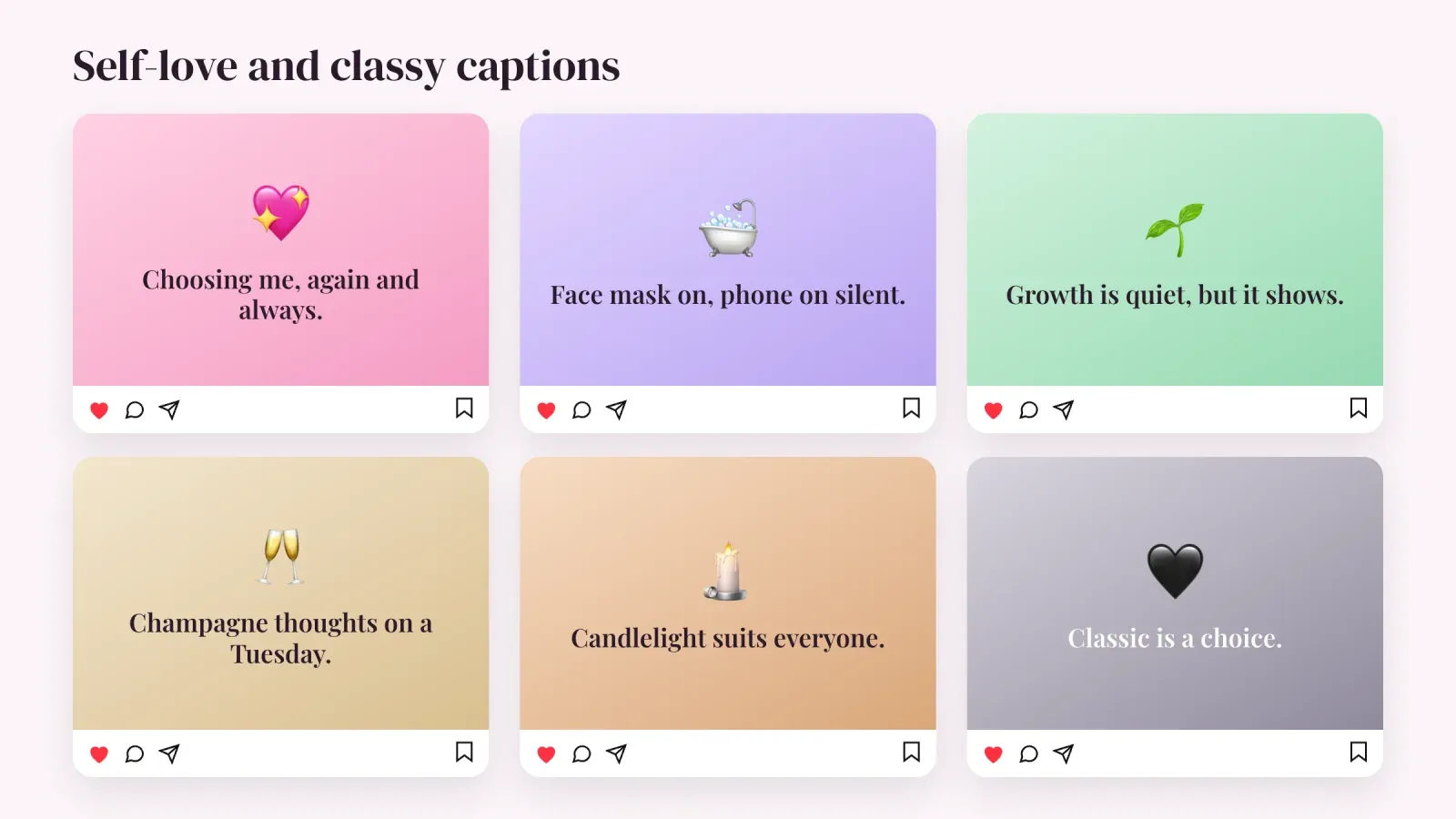 Six Instagram post cards with self-love and classy captions in soft pastel and neutral tones