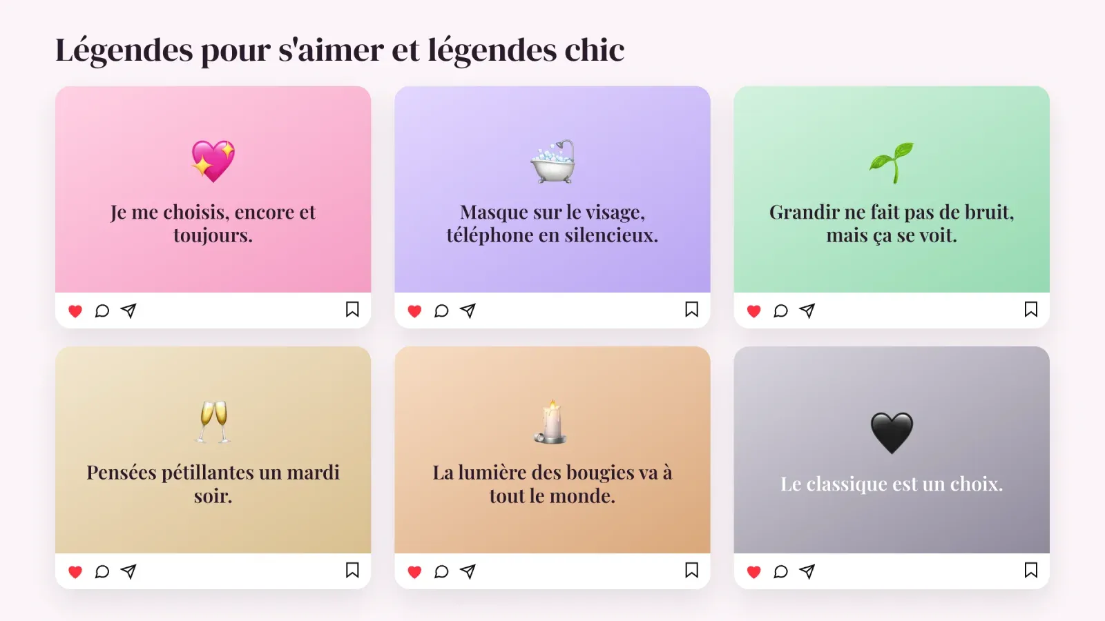 Six cartes de publication Instagram avec des légendes pour s'aimer et des légendes chic dans des tons pastel et neutres