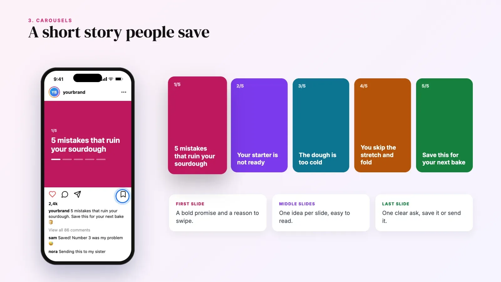 Instagram carousel post with the save button highlighted next to five slides built as a short story, from a promise to a final ask to save