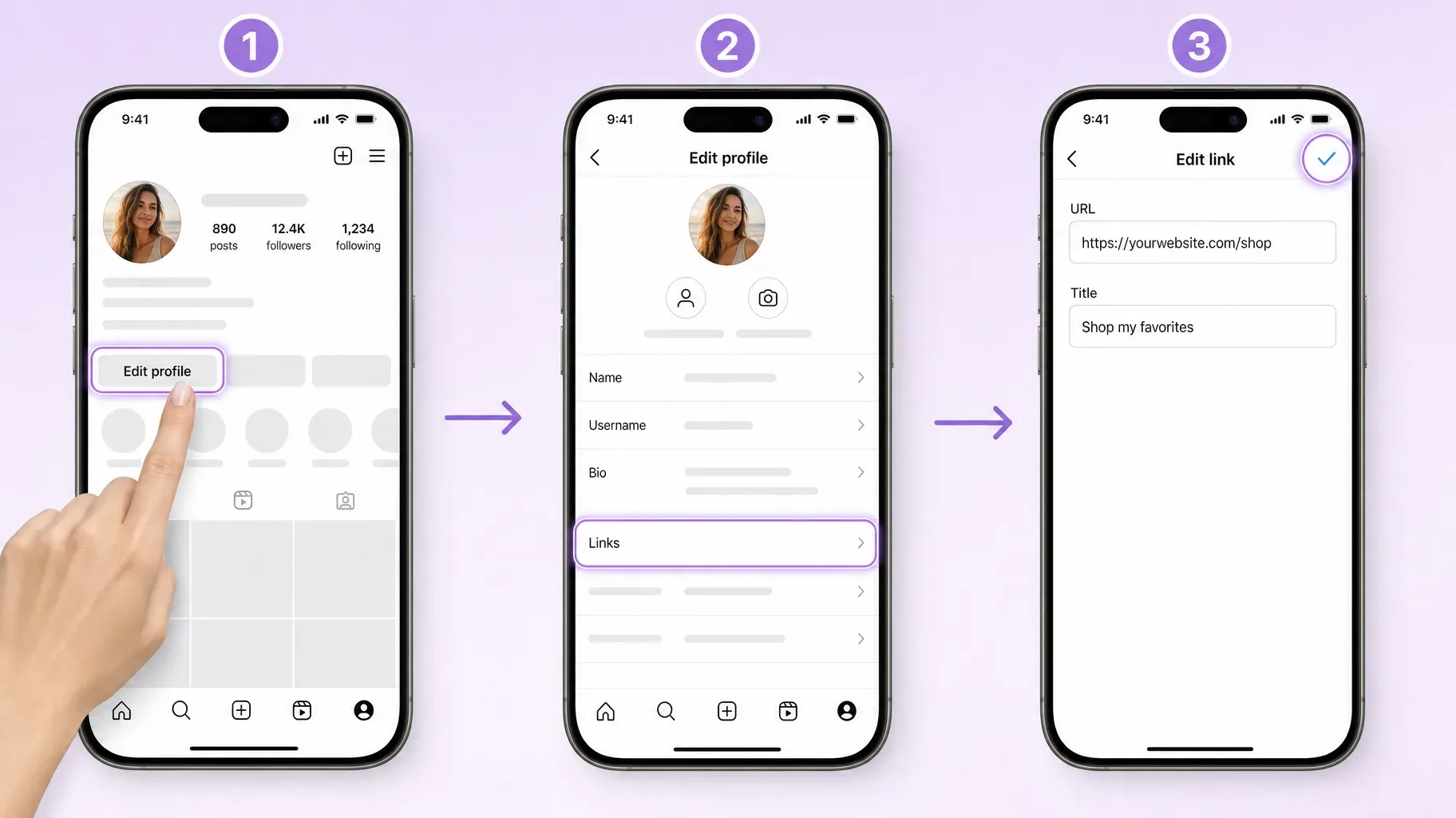 Three steps in the Instagram app to change a bio link, tap Edit profile, open Links, edit the URL and title and save