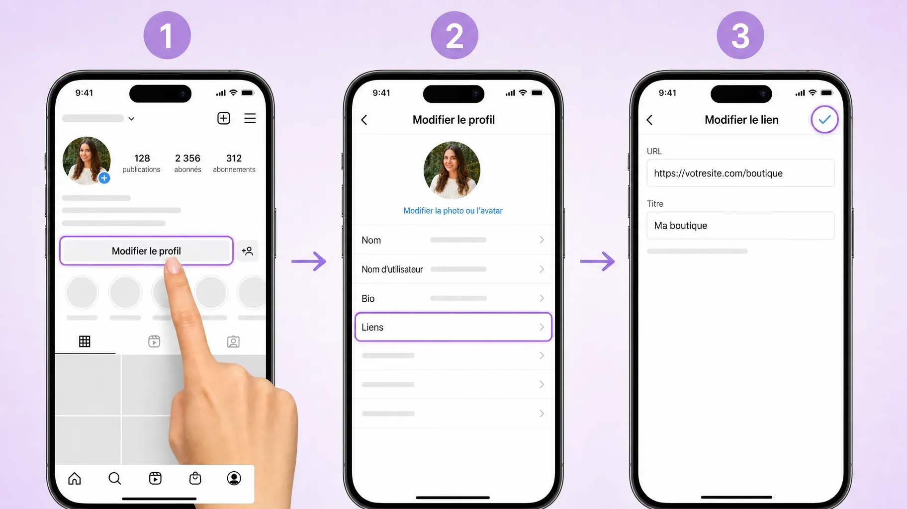 Trois étapes dans l'application Instagram pour modifier un lien de bio, toucher Modifier le profil, ouvrir Liens, modifier l'URL et le titre puis enregistrer