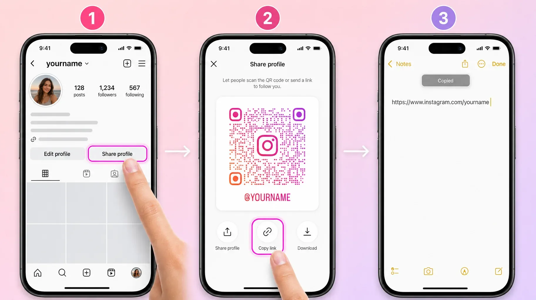 Three steps in the Instagram app to copy your profile URL, tap Share profile, tap Copy link, then paste the link in Notes