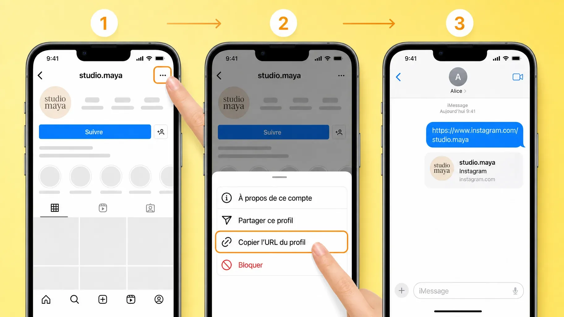Trois étapes pour copier l'URL Instagram d'un autre compte, toucher le menu à trois points, choisir Copier l'URL du profil, puis la coller dans un message