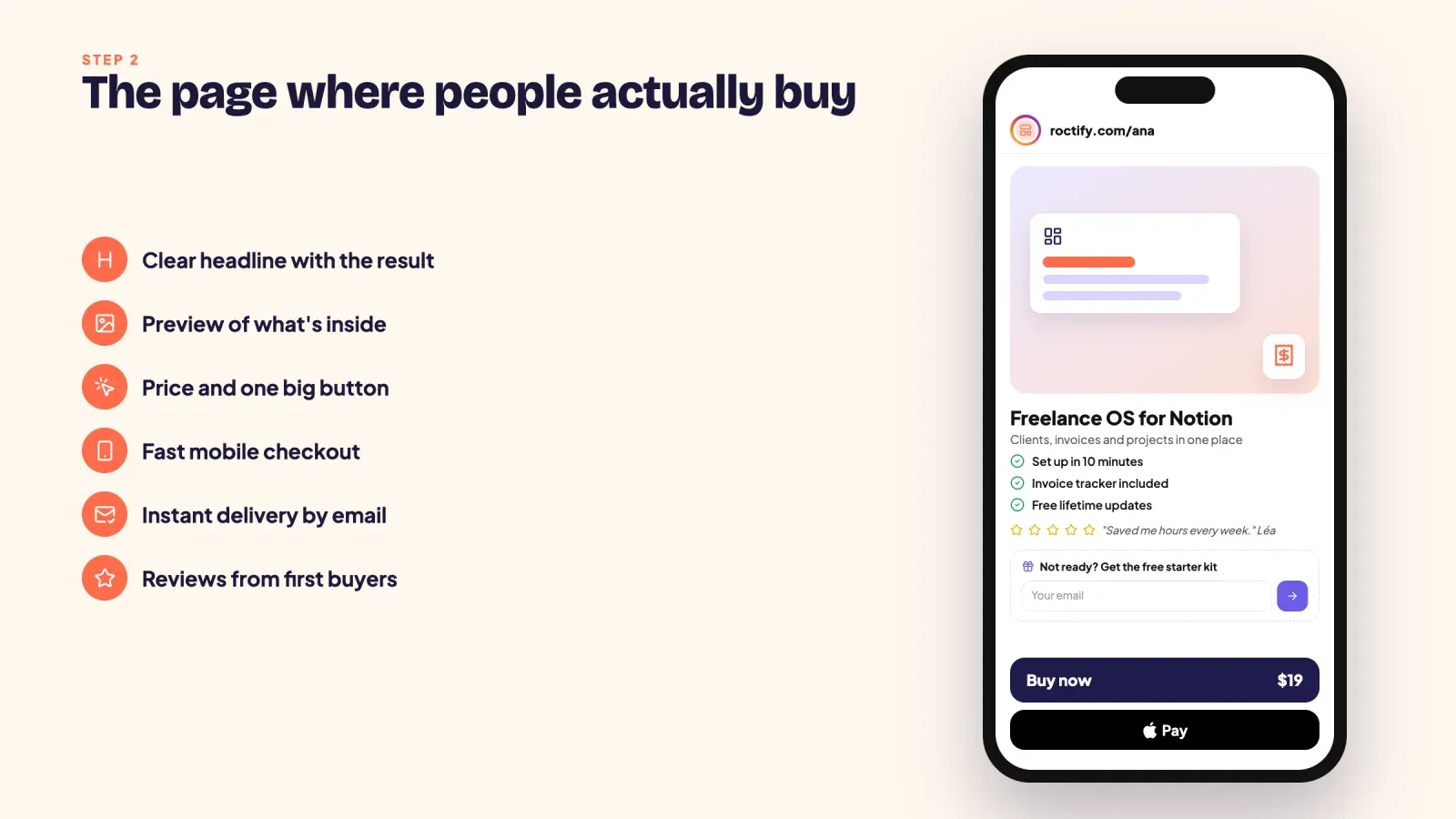 Mobile sales page for a $19 Notion template with a preview, three benefits, a review, a free starter kit sign-up, a Buy now button and Apple Pay