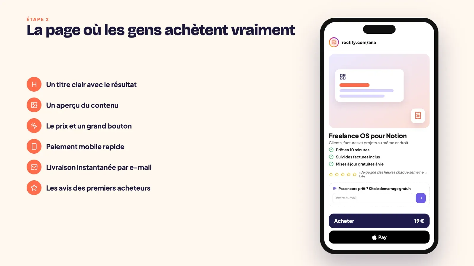 Page de vente mobile d'un modèle Notion à 19 € avec un aperçu, trois bénéfices, un avis, une inscription au kit gratuit, un bouton Acheter et Apple Pay