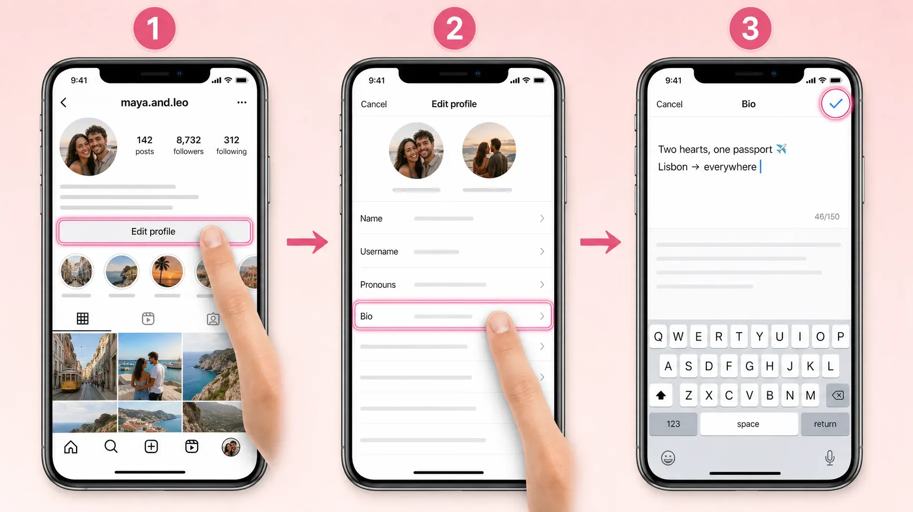 Three steps in the Instagram app to change a couple bio, tap Edit profile, tap Bio, type the new bio and tap the checkmark