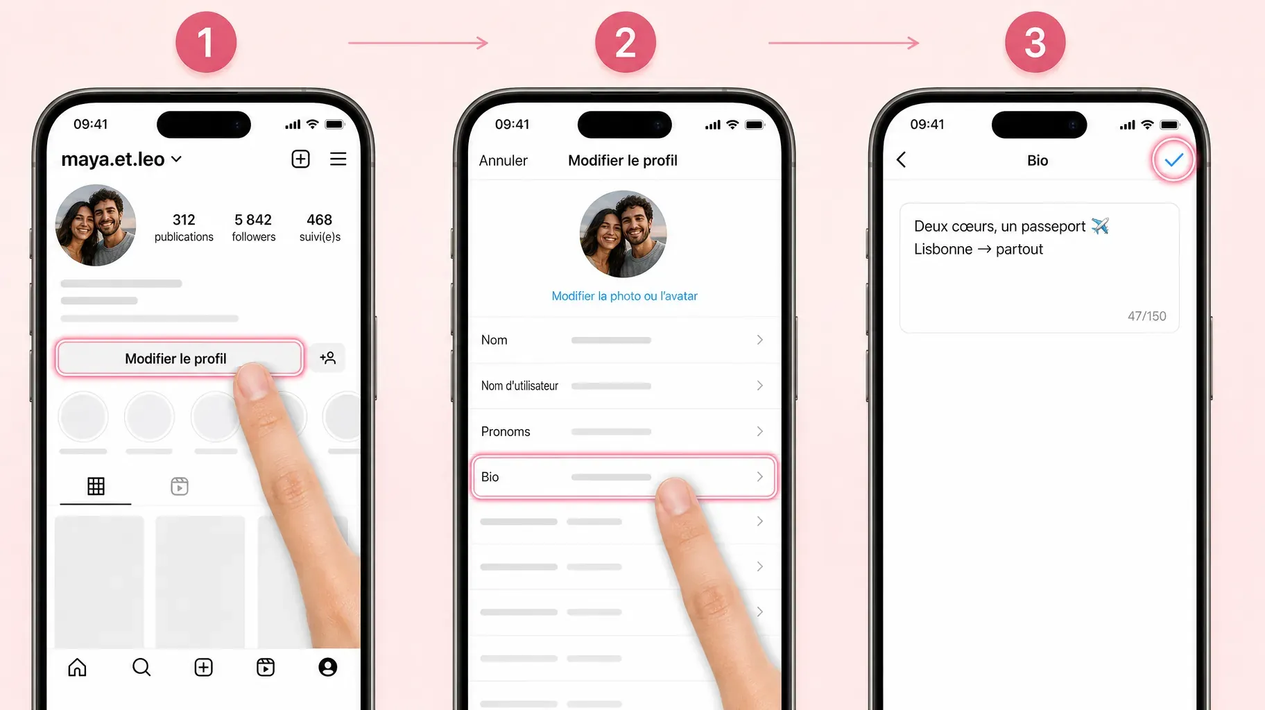 Trois étapes dans l'application Instagram pour modifier une bio de couple, toucher Modifier le profil, toucher Bio, saisir la nouvelle bio et toucher la coche