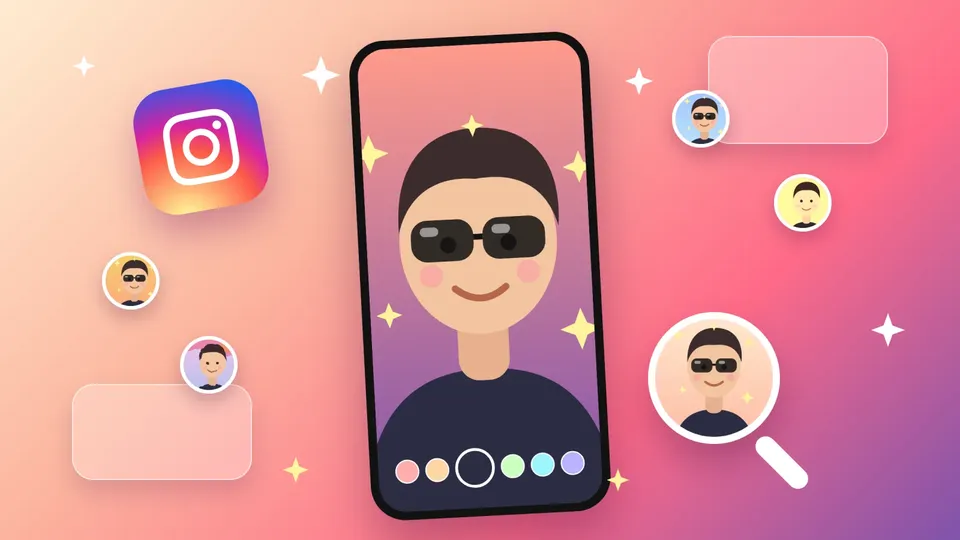 Phone showing the Instagram Stories camera with a live sunglasses and sparkles effect, next to the Instagram logo, a magnifying glass and effect previews