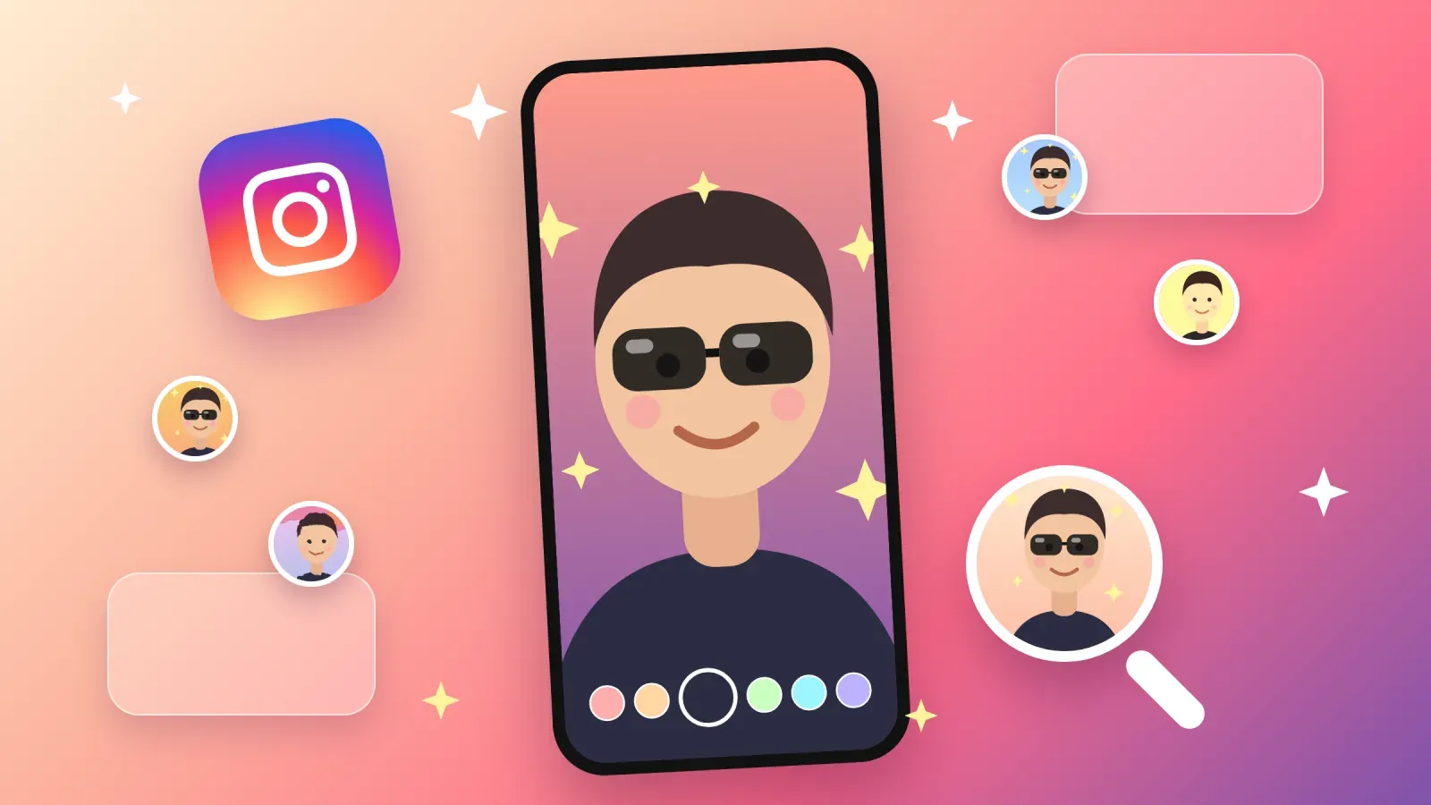Téléphone affichant la caméra des Stories Instagram avec un effet lunettes et paillettes en direct, à côté du logo Instagram, d'une loupe et d'aperçus d'effets