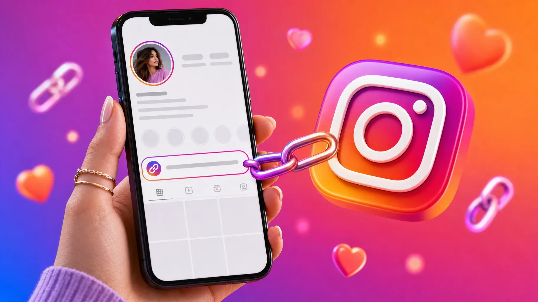 Main tenant un téléphone avec un profil Instagram, relié par une chaîne en 3D à un logo Instagram brillant