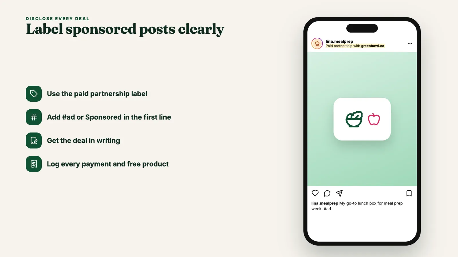 Instagram post with the Paid partnership label under the username and #ad in the caption, next to four rules, use the label, add #ad, get the deal in writing and log every payment