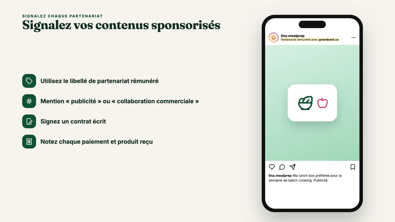 Publication Instagram avec le libellé Partenariat rémunéré sous le nom du compte et la mention Publicité dans la légende, à côté de quatre règles, libellé, mention, contrat écrit et suivi des paiements
