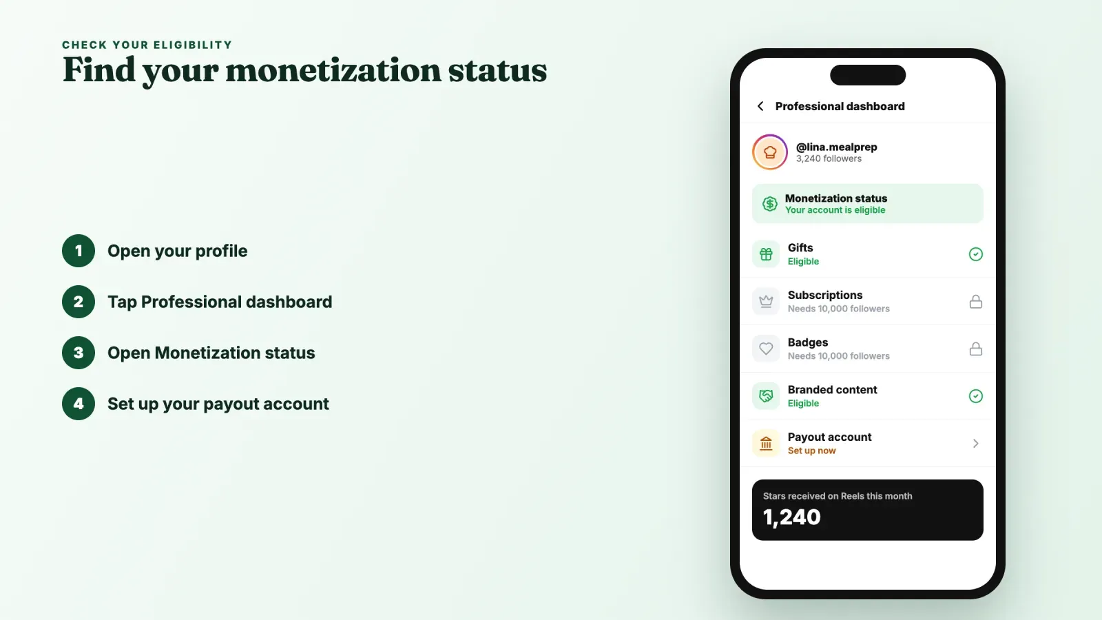 Instagram Professional dashboard showing monetization status for a 3,240-follower account, Gifts and branded content eligible, Subscriptions and Badges locked until 10,000 followers, payout account to set up