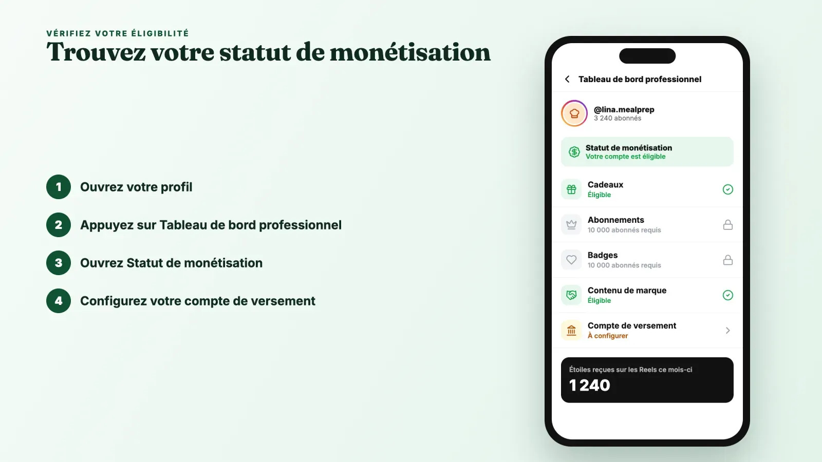 Tableau de bord professionnel Instagram affichant le statut de monétisation d'un compte de 3 240 abonnés, cadeaux et contenu de marque éligibles, abonnements et badges verrouillés jusqu'à 10 000 abonnés, compte de versement à configurer