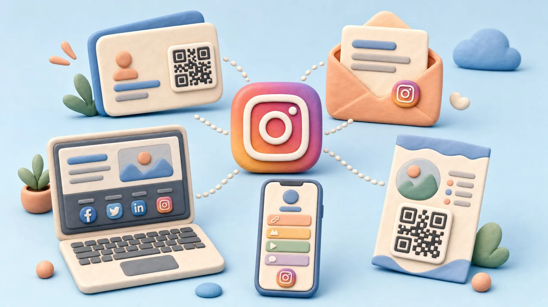 Clay illustration of an Instagram logo linked to a business card QR code, an email signature, a website footer, a link-in-bio page and a flyer
