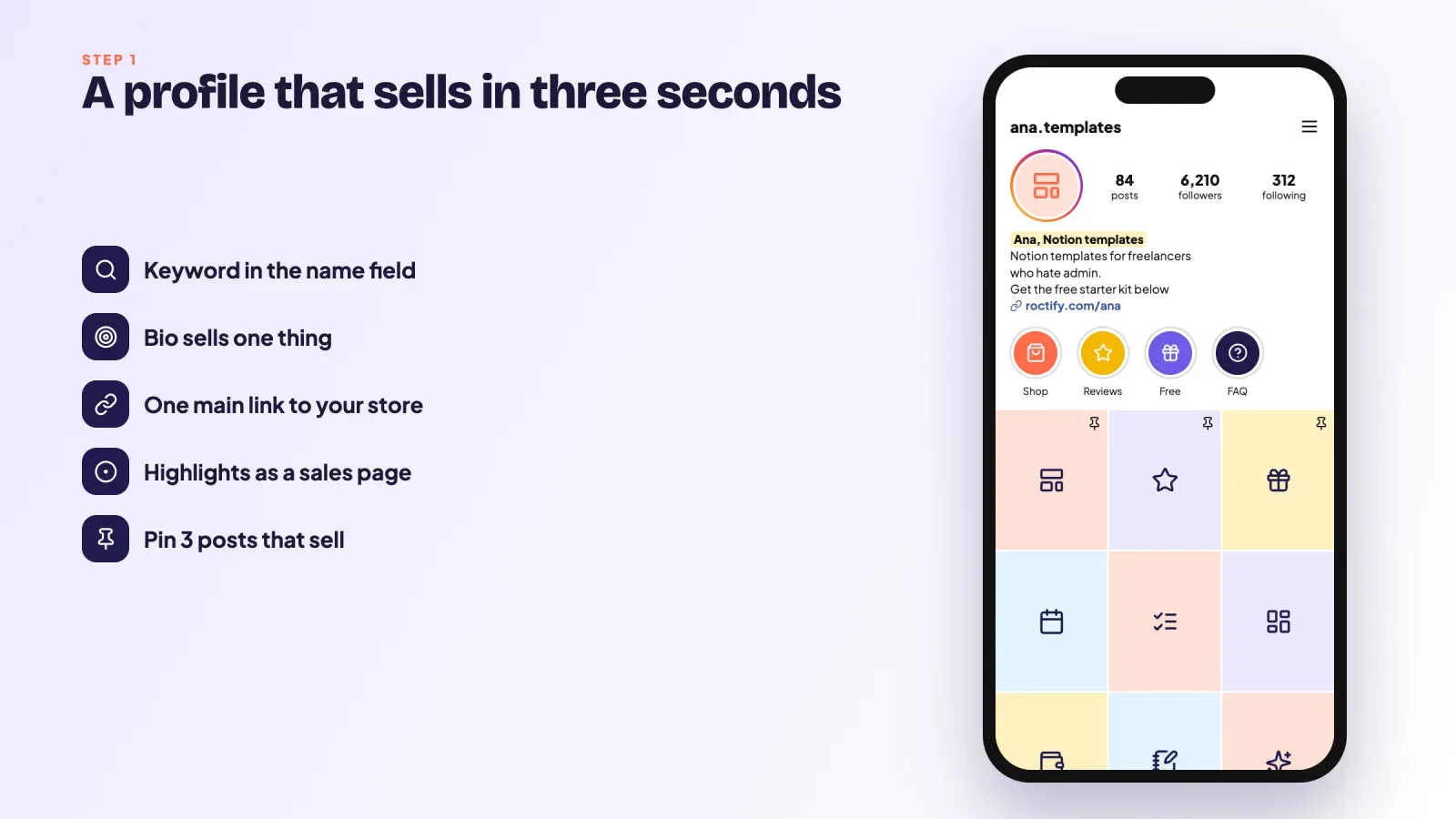 Instagram profile set up to sell Notion templates, keyword in the name field, a one-offer bio, one main link, Shop, Reviews, Free and FAQ Highlights and three pinned posts