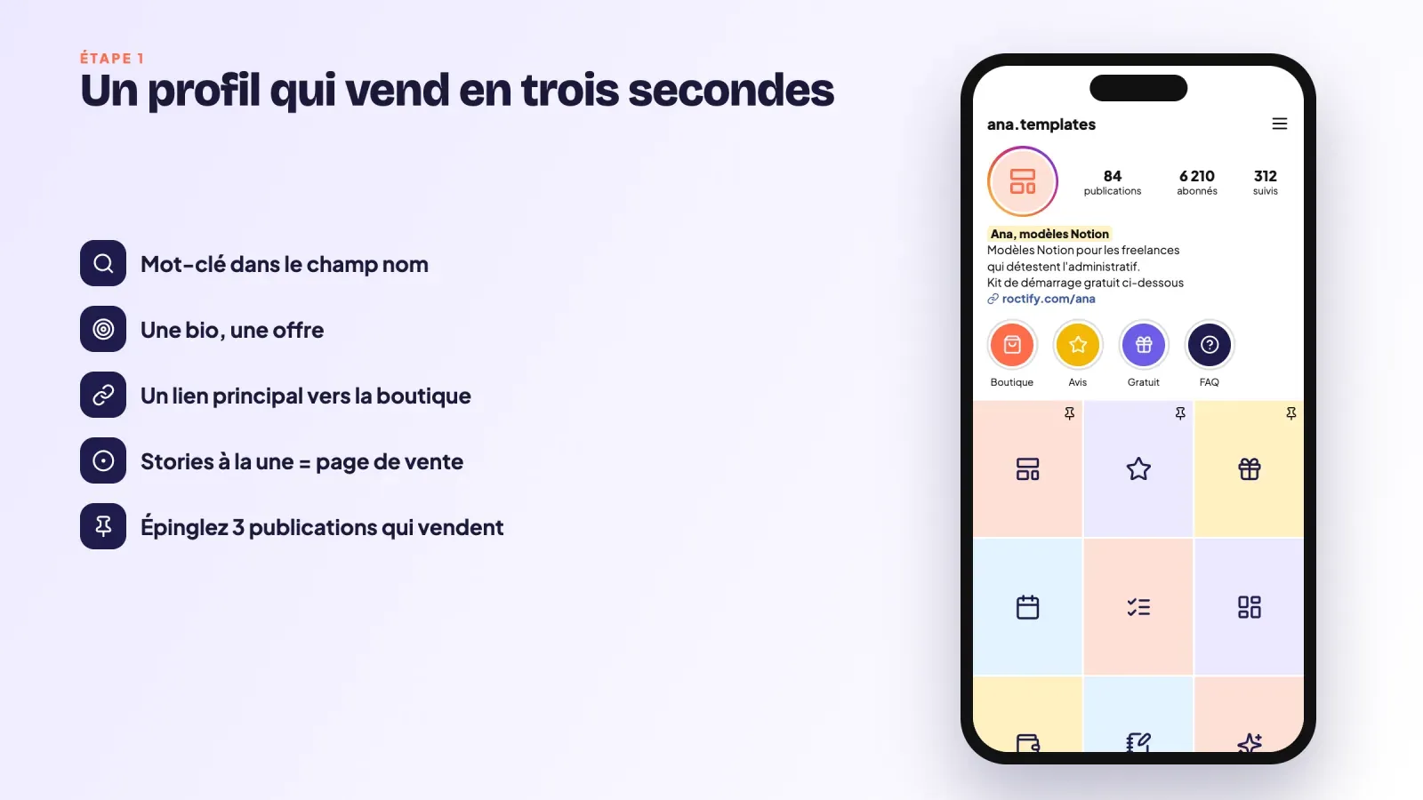 Profil Instagram préparé pour vendre des modèles Notion, mot-clé dans le champ nom, bio centrée sur une offre, un lien principal, stories à la une Boutique, Avis, Gratuit et FAQ et trois publications épinglées