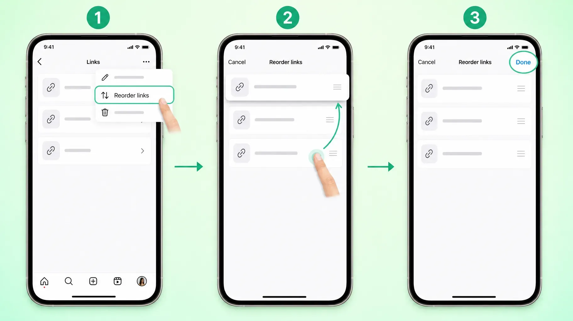 Three steps in the Instagram app to reorder bio links, open the menu, choose Reorder links, drag a link to the top and tap Done
