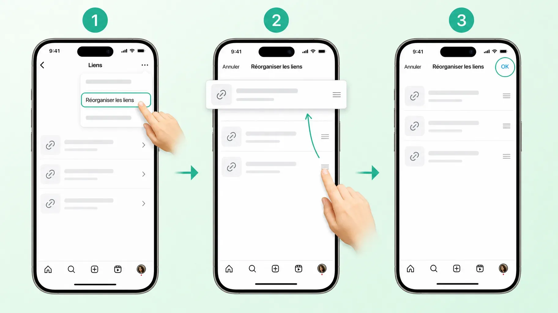 Trois étapes dans l'application Instagram pour réorganiser les liens, ouvrir le menu, choisir Réorganiser les liens, faire glisser un lien en haut et toucher OK