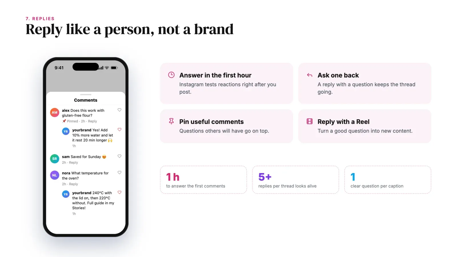 Instagram comments sheet with a pinned question and detailed replies from the creator, next to four tips for replying to comments