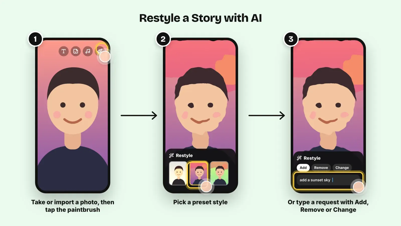 Three steps to restyle an Instagram Story with AI, tap the paintbrush, pick a preset style, or type a request with Add, Remove or Change