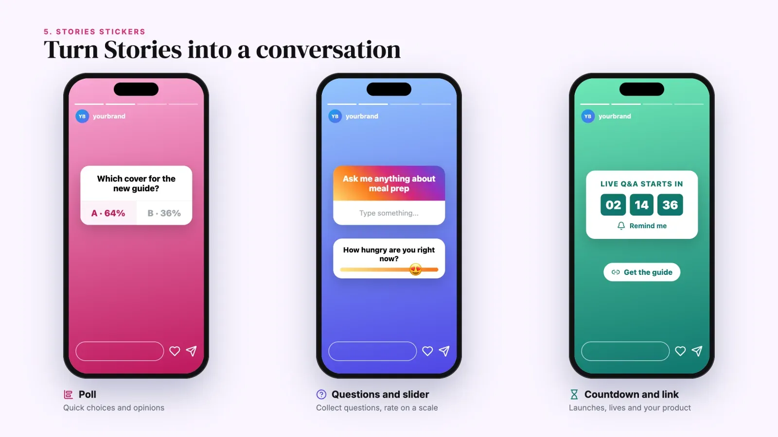 Three Instagram Stories using a poll sticker, a questions sticker with an emoji slider, and a countdown with a link sticker