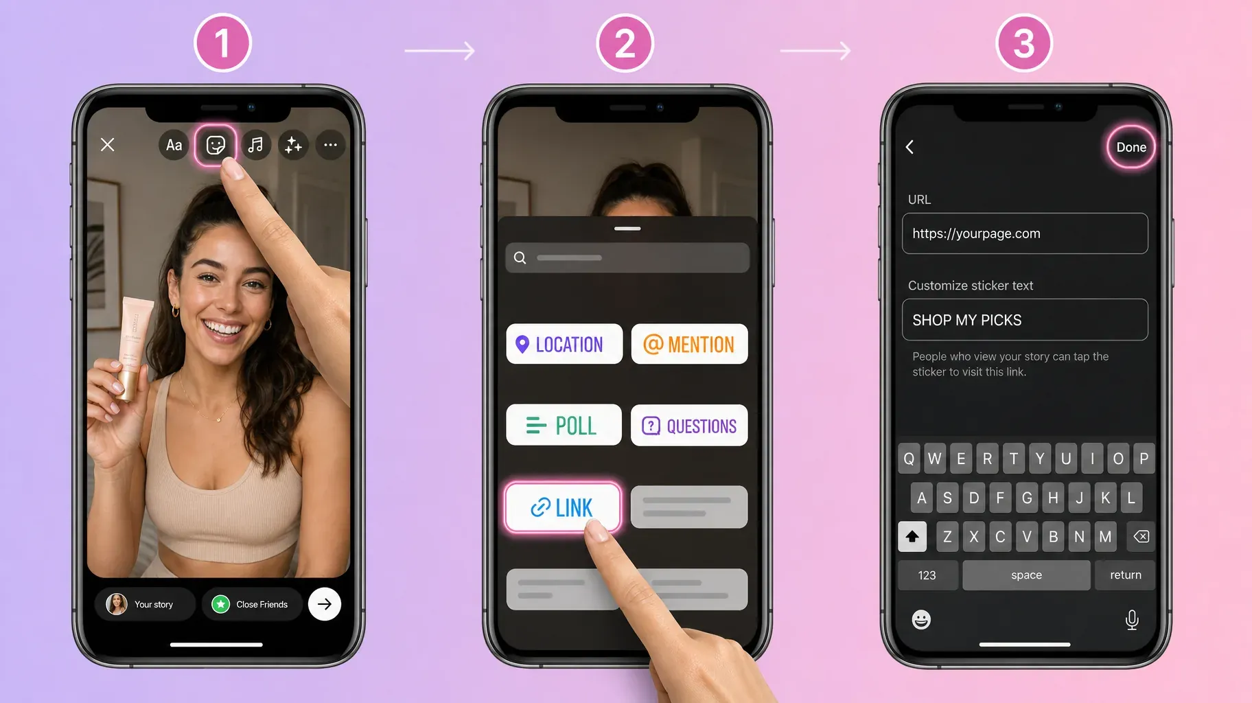 Three steps to add a link sticker to an Instagram Story, tap the sticker icon, choose LINK, enter the URL and sticker text and tap Done