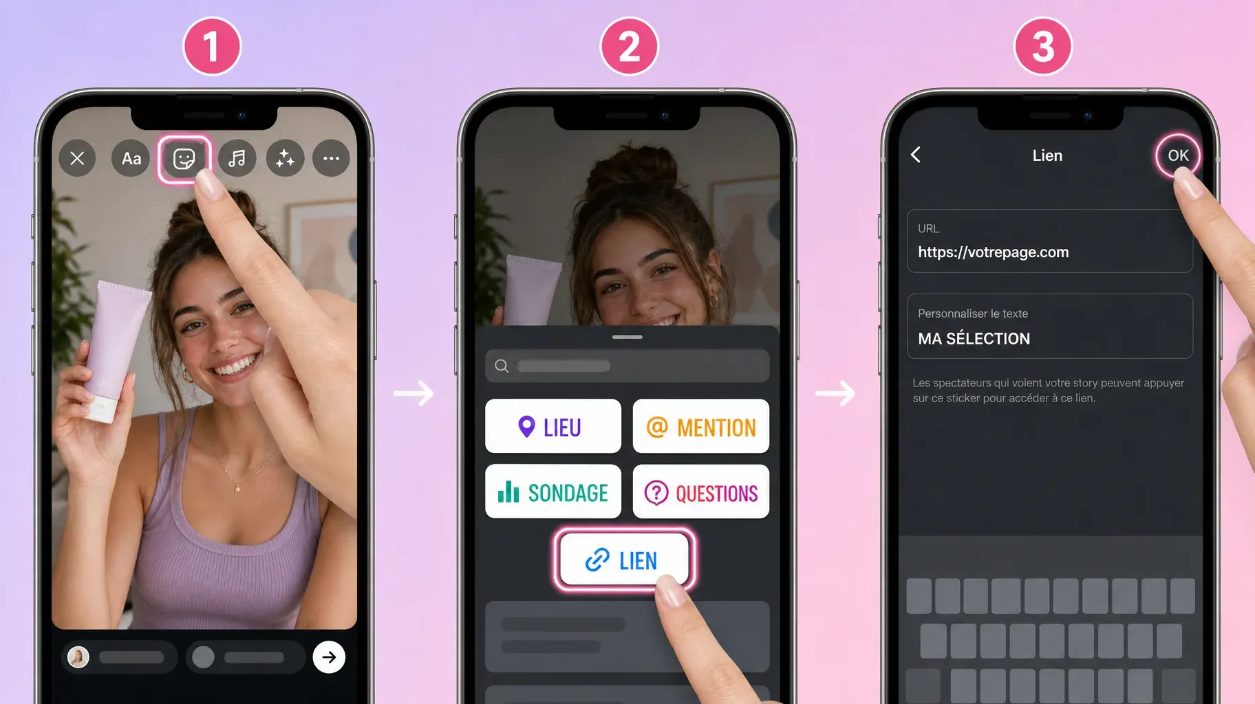 Trois étapes pour ajouter un sticker lien à une Story Instagram, toucher l'icône sticker, choisir LIEN, saisir l'URL et le texte puis toucher OK