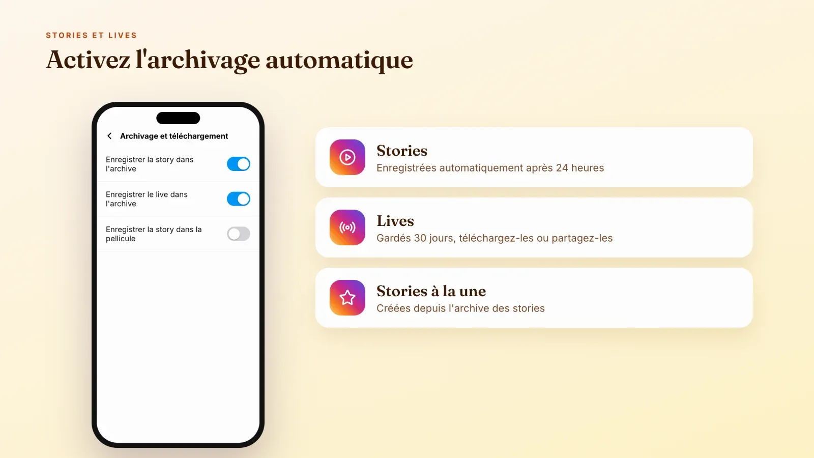 Réglages d'archivage et téléchargement avec l'enregistrement des stories et des lives dans l'archive activé, à côté de cartes sur les stories, les lives gardés 30 jours et les stories à la une