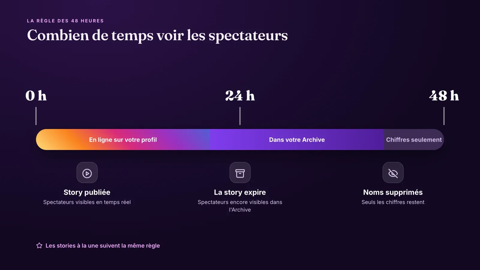 Frise de la règle des 48 heures, story en ligne de 0 à 24 heures, spectateurs encore dans l'Archive jusqu'à 48 heures, puis chiffres seulement
