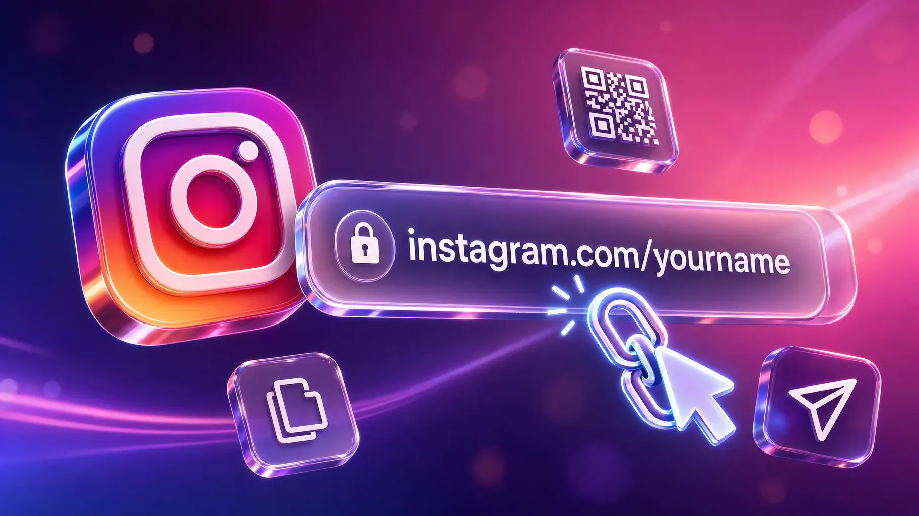 Glossy 3D Instagram logo next to a glass browser address bar showing instagram.com/yourname, with QR code, copy and share icons